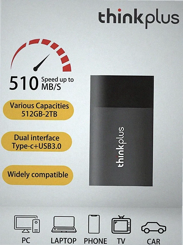Lenovo thinkplus US202 Portable SSD 512GB Solid State Drive USB3.1 TypeCExternal